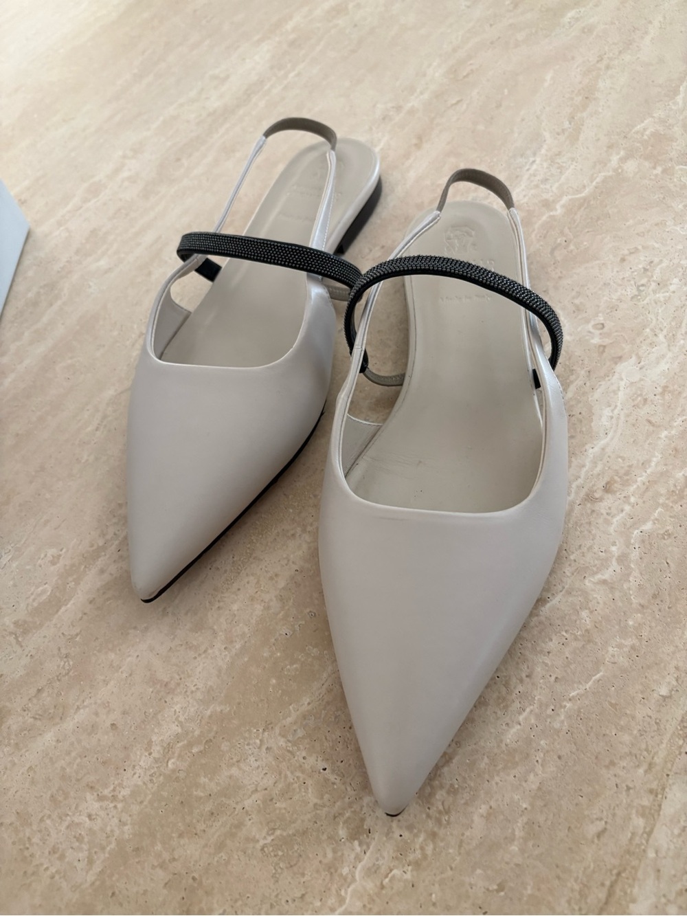 Brunello Cucinelli Pointed Slingback Flats in Light Gray with Black Strap
